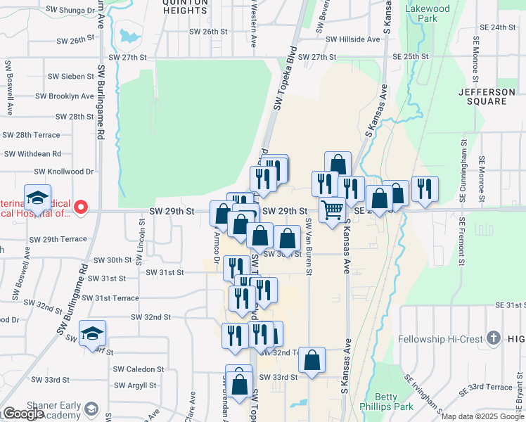 map of restaurants, bars, coffee shops, grocery stores, and more near 477 Southwest 29th Street in Topeka
