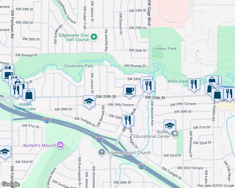 map of restaurants, bars, coffee shops, grocery stores, and more near 4204 Southwest 29th Street in Topeka