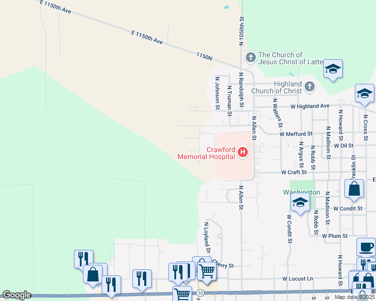 map of restaurants, bars, coffee shops, grocery stores, and more near 1300 West Otey Street in Robinson