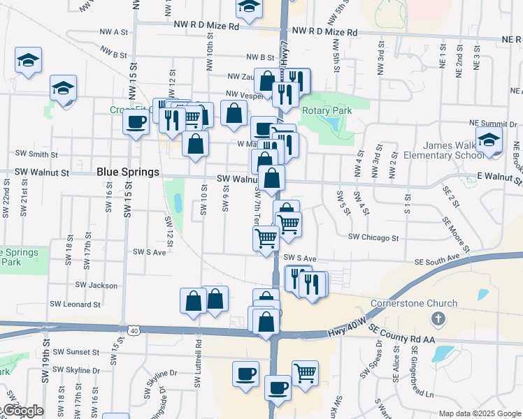 map of restaurants, bars, coffee shops, grocery stores, and more near 308 Southwest 7th Terrace in Blue Springs