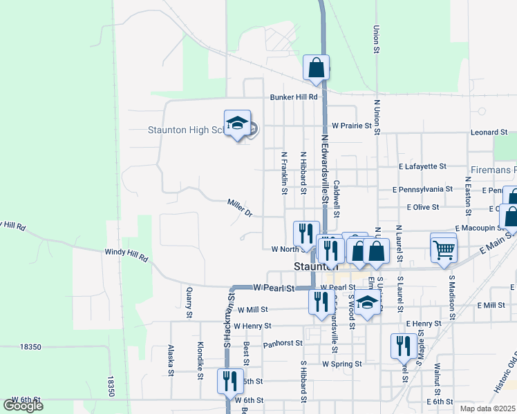 map of restaurants, bars, coffee shops, grocery stores, and more near 401 North Deneen Street in Staunton