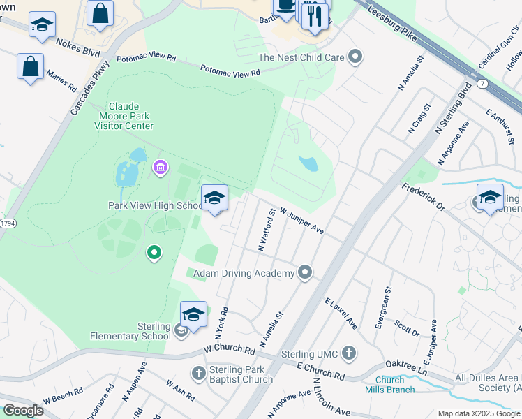 map of restaurants, bars, coffee shops, grocery stores, and more near 908 North York Road in Sterling