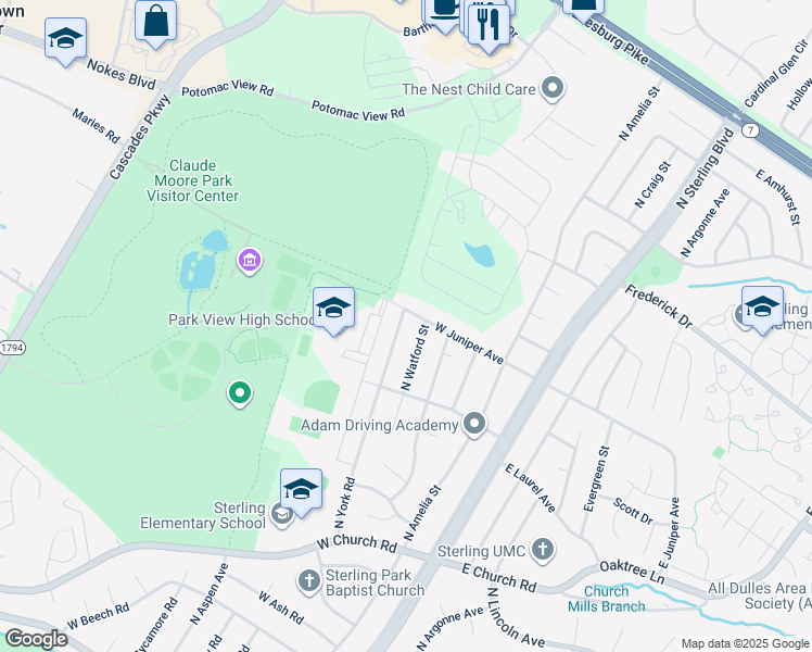 map of restaurants, bars, coffee shops, grocery stores, and more near 908 North York Road in Sterling