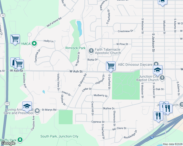 map of restaurants, bars, coffee shops, grocery stores, and more near 1029 West Ash Street in Junction City