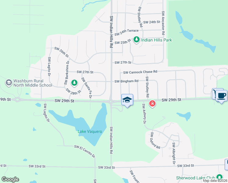 map of restaurants, bars, coffee shops, grocery stores, and more near 2824 Southwest Indian Hills Road in Topeka