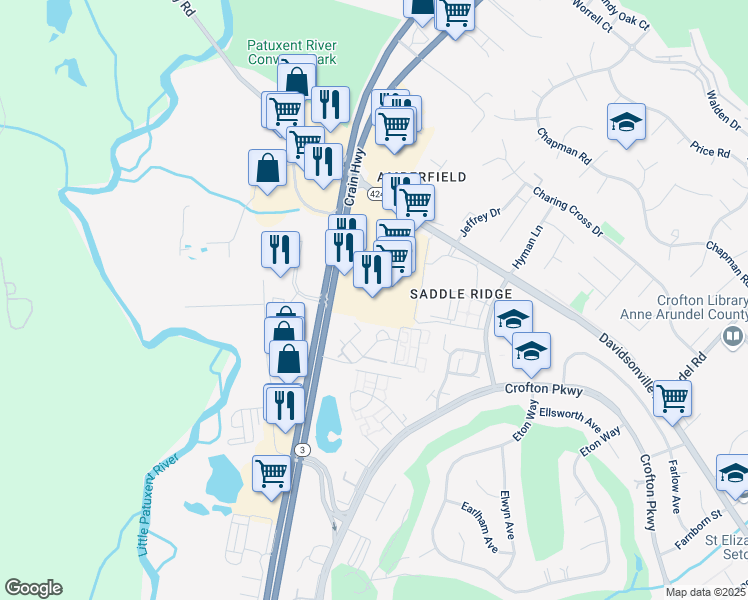 map of restaurants, bars, coffee shops, grocery stores, and more near 1661 Crofton Center in Crofton
