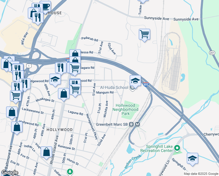 map of restaurants, bars, coffee shops, grocery stores, and more near 5209 Mineola Road in College Park