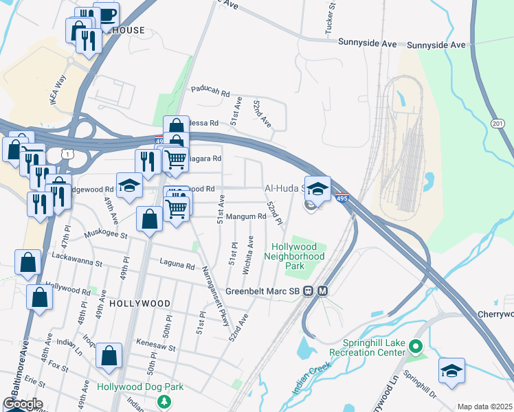 map of restaurants, bars, coffee shops, grocery stores, and more near 5209 Mineola Road in College Park