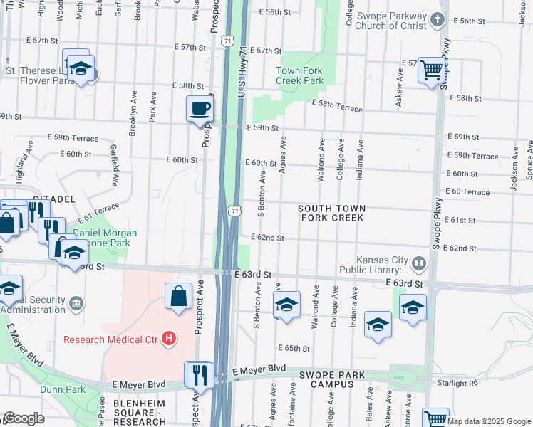 map of restaurants, bars, coffee shops, grocery stores, and more near 6111 South Benton Avenue in Kansas City