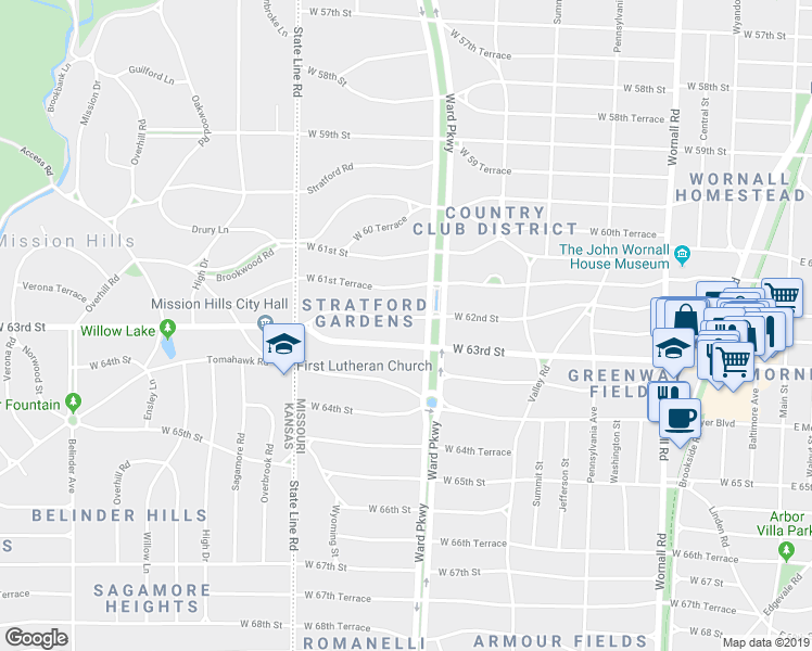 map of restaurants, bars, coffee shops, grocery stores, and more near 1205 West 62nd Street in Kansas City