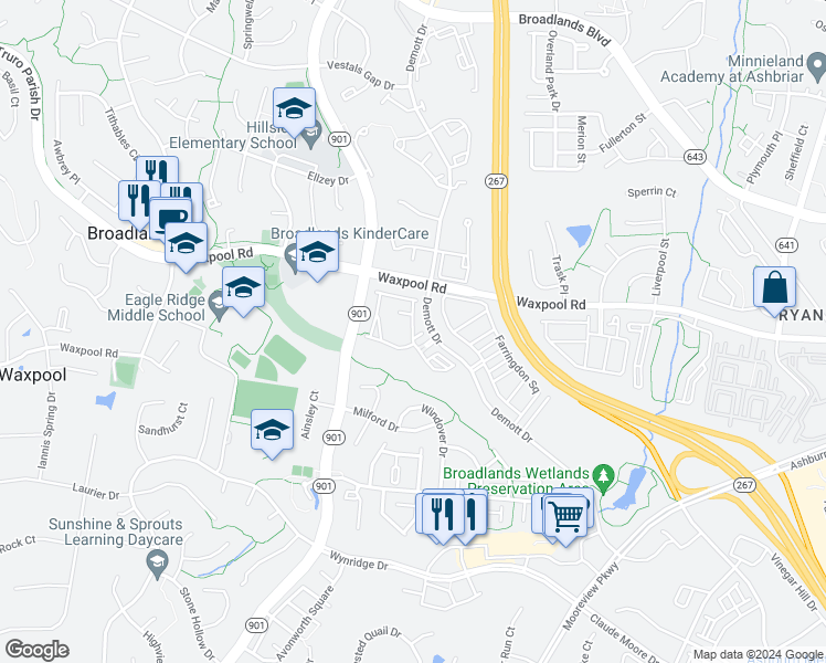 map of restaurants, bars, coffee shops, grocery stores, and more near 21750 Crescent Park Square in Ashburn