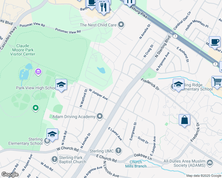 map of restaurants, bars, coffee shops, grocery stores, and more near 1009 North Amelia Street in Sterling