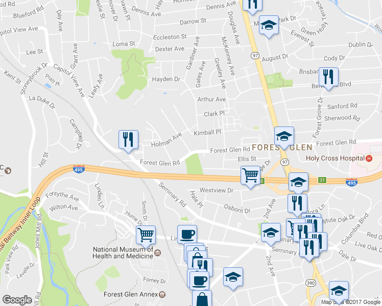 map of restaurants, bars, coffee shops, grocery stores, and more near Forest Glen Rd & Rosensteel Ave in Forest Glen