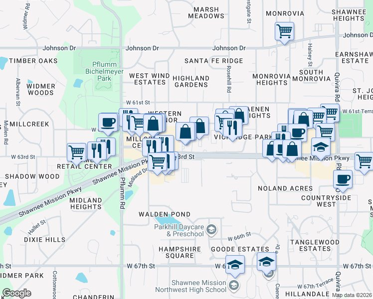 map of restaurants, bars, coffee shops, grocery stores, and more near 13010 West 62nd Terrace in Shawnee