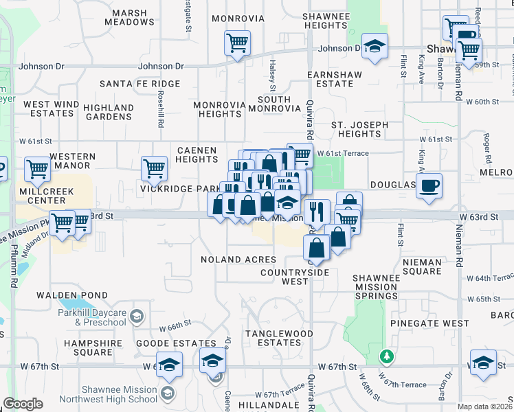 map of restaurants, bars, coffee shops, grocery stores, and more near 12164 Shawnee Mission Parkway in Shawnee