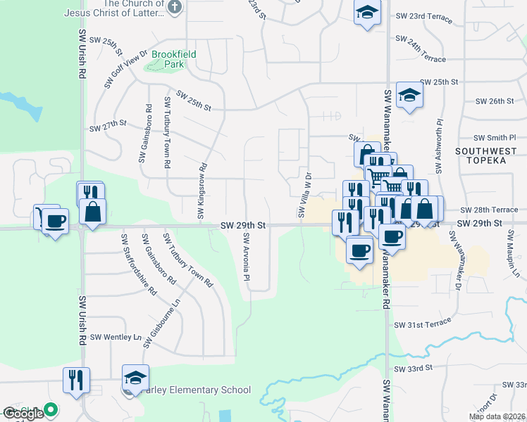 map of restaurants, bars, coffee shops, grocery stores, and more near 2848 SW Arvonia Pl in Topeka