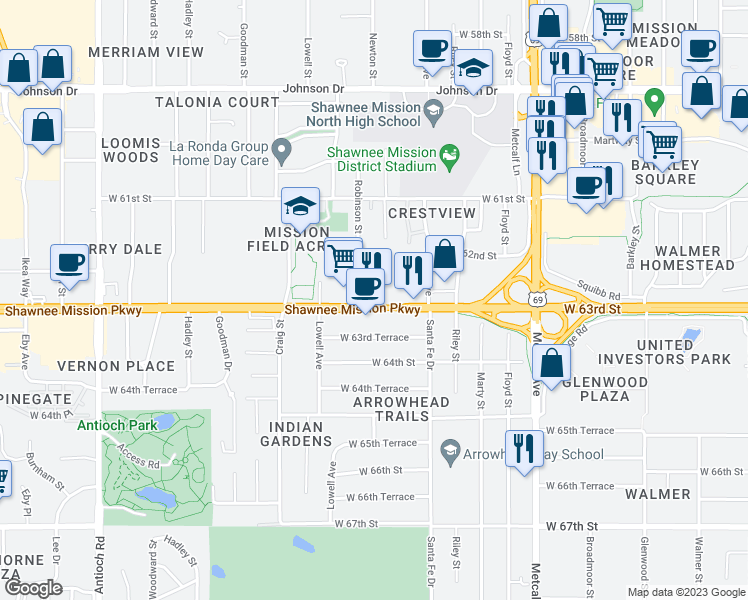 map of restaurants, bars, coffee shops, grocery stores, and more near 7702 Shawnee Mission Parkway in Overland Park