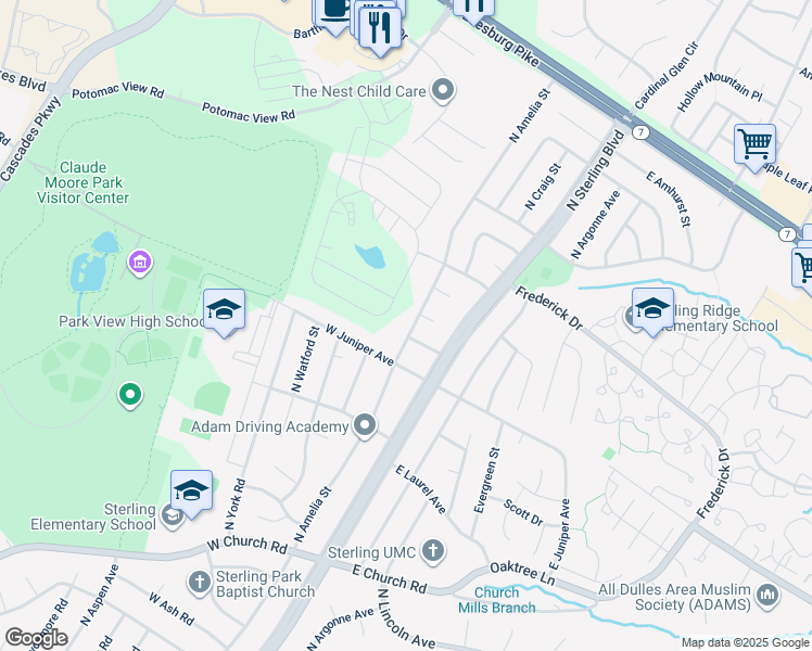 map of restaurants, bars, coffee shops, grocery stores, and more near 1009 North Amelia Street in Sterling