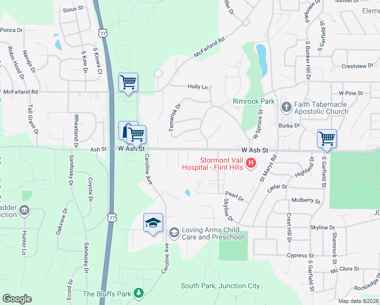 map of restaurants, bars, coffee shops, grocery stores, and more near 1511 West Ash Street in Junction City