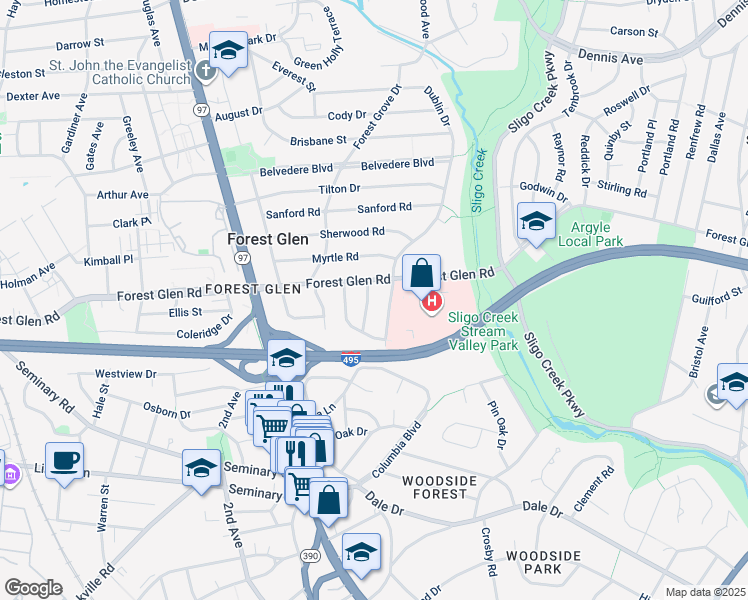 map of restaurants, bars, coffee shops, grocery stores, and more near 9711 Saxony Road in Silver Spring