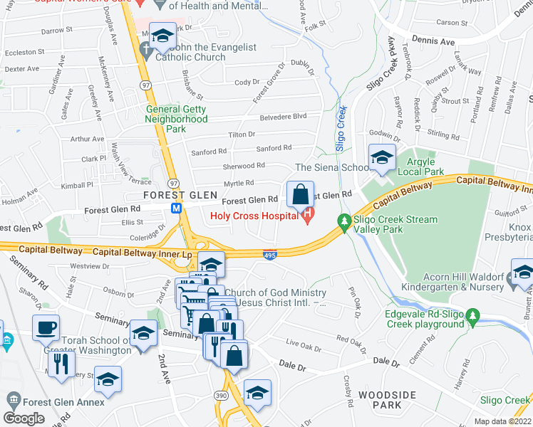 map of restaurants, bars, coffee shops, grocery stores, and more near 9711 Saxony Road in Silver Spring