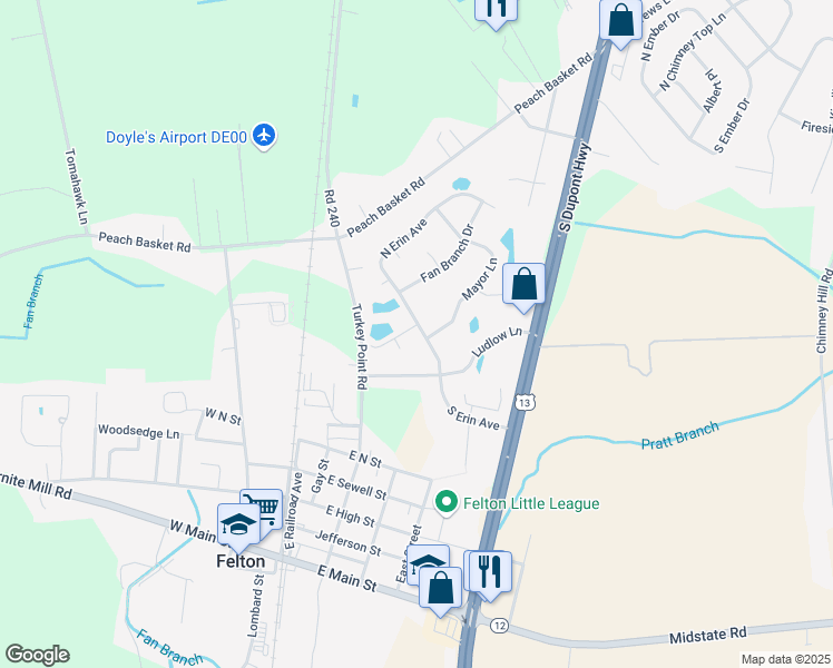 map of restaurants, bars, coffee shops, grocery stores, and more near 95 North Erin Avenue in Felton