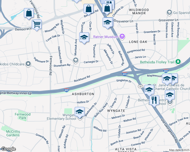 map of restaurants, bars, coffee shops, grocery stores, and more near 6216 Rockhurst Road in Bethesda