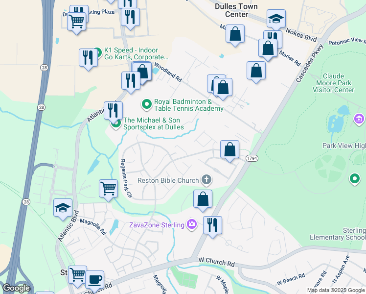 map of restaurants, bars, coffee shops, grocery stores, and more near 21724 Indian Summer Terrace in Sterling