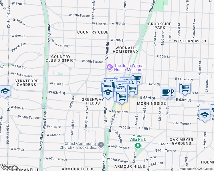 map of restaurants, bars, coffee shops, grocery stores, and more near 236 West 62 Terrace in Kansas City