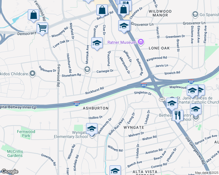 map of restaurants, bars, coffee shops, grocery stores, and more near 6216 Rockhurst Road in Bethesda