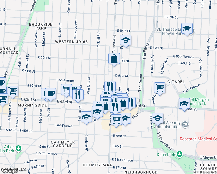 map of restaurants, bars, coffee shops, grocery stores, and more near 6130 Troost Avenue in Kansas City