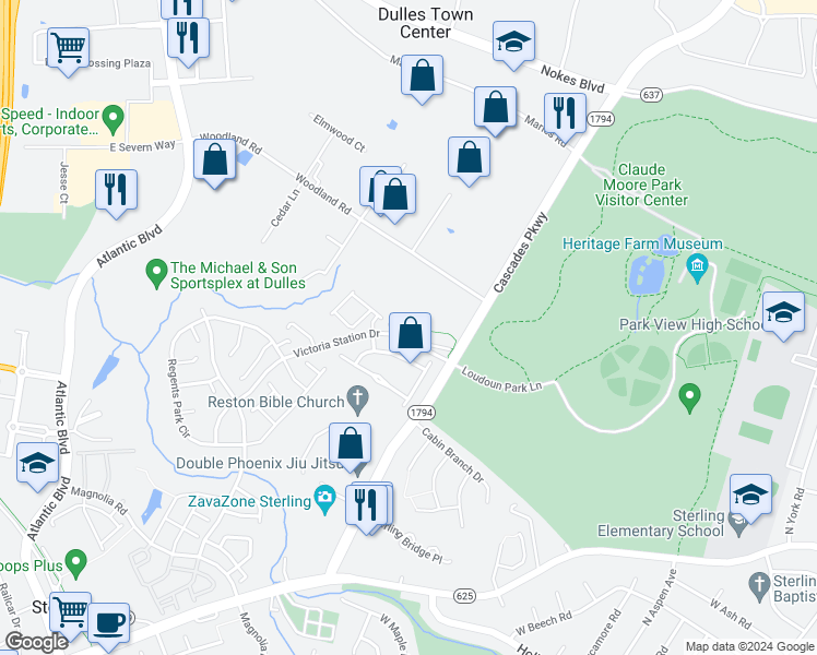 map of restaurants, bars, coffee shops, grocery stores, and more near 45798 Shagbark Terrace in Sterling