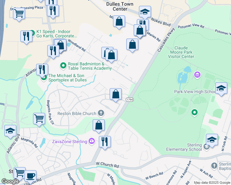 map of restaurants, bars, coffee shops, grocery stores, and more near 45798 Shagbark Terrace in Sterling