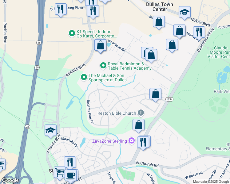 map of restaurants, bars, coffee shops, grocery stores, and more near 45640 Livingstone Station Street in Sterling