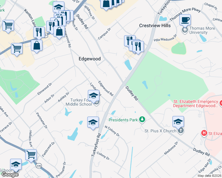 map of restaurants, bars, coffee shops, grocery stores, and more near 136 Edgewood Road in Edgewood