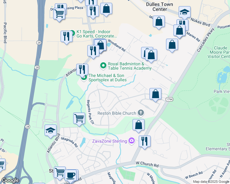 map of restaurants, bars, coffee shops, grocery stores, and more near 45640 Livingstone Station Street in Sterling