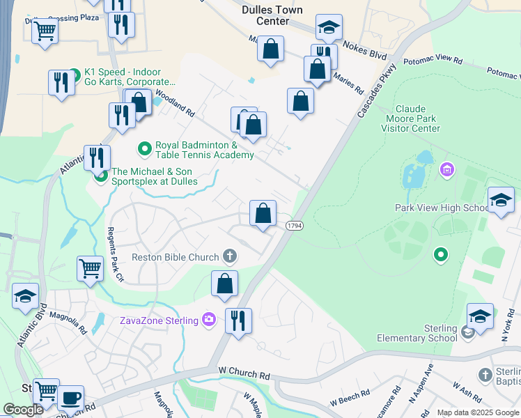 map of restaurants, bars, coffee shops, grocery stores, and more near 45796 Shagbark Terrace in Sterling
