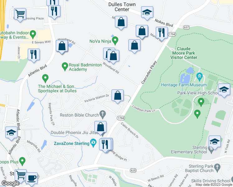 map of restaurants, bars, coffee shops, grocery stores, and more near 45796 Shagbark Terrace in Sterling