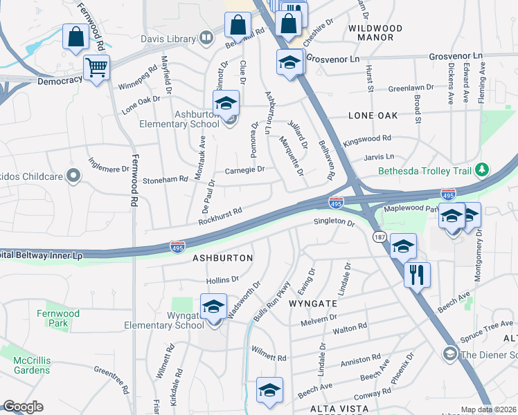 map of restaurants, bars, coffee shops, grocery stores, and more near 6214 Rockhurst Road in Bethesda