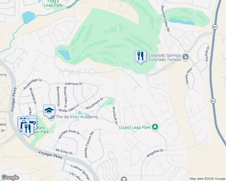 map of restaurants, bars, coffee shops, grocery stores, and more near 12604 Woodruff Drive in Colorado Springs