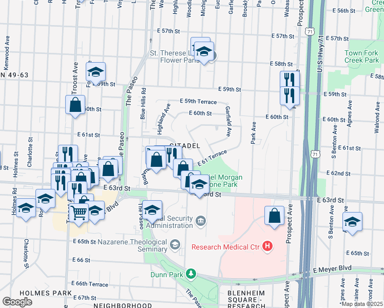 map of restaurants, bars, coffee shops, grocery stores, and more near 1770 Citadel Drive in Kansas City