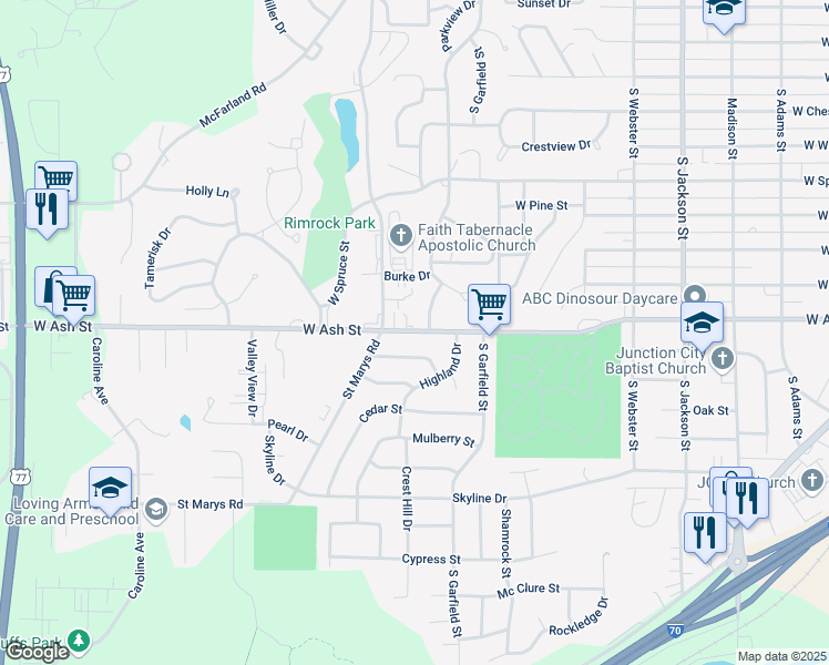 map of restaurants, bars, coffee shops, grocery stores, and more near 1021 West Ash Street in Junction City