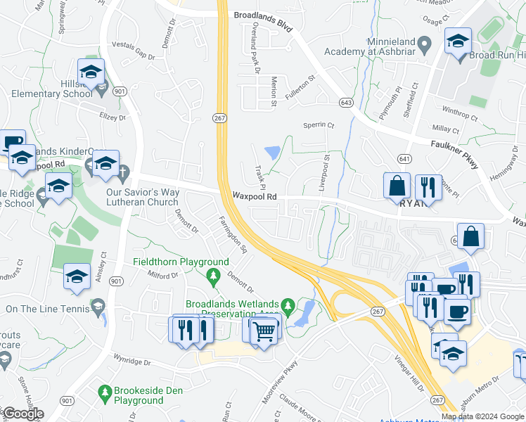 map of restaurants, bars, coffee shops, grocery stores, and more near 43299 Novi Terrace in Ashburn