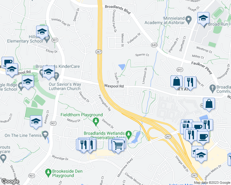 map of restaurants, bars, coffee shops, grocery stores, and more near 43291 Novi Terrace in Ashburn