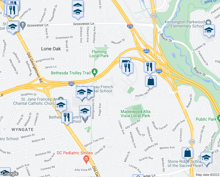 map of restaurants, bars, coffee shops, grocery stores, and more near 5505 Whitley Park Terrace in Bethesda