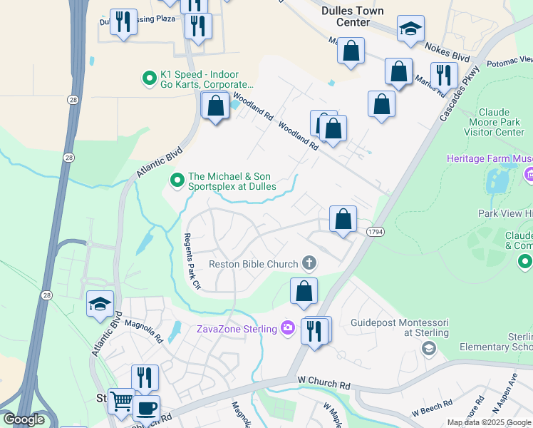 map of restaurants, bars, coffee shops, grocery stores, and more near 21711 Indian Summer Terrace in Sterling