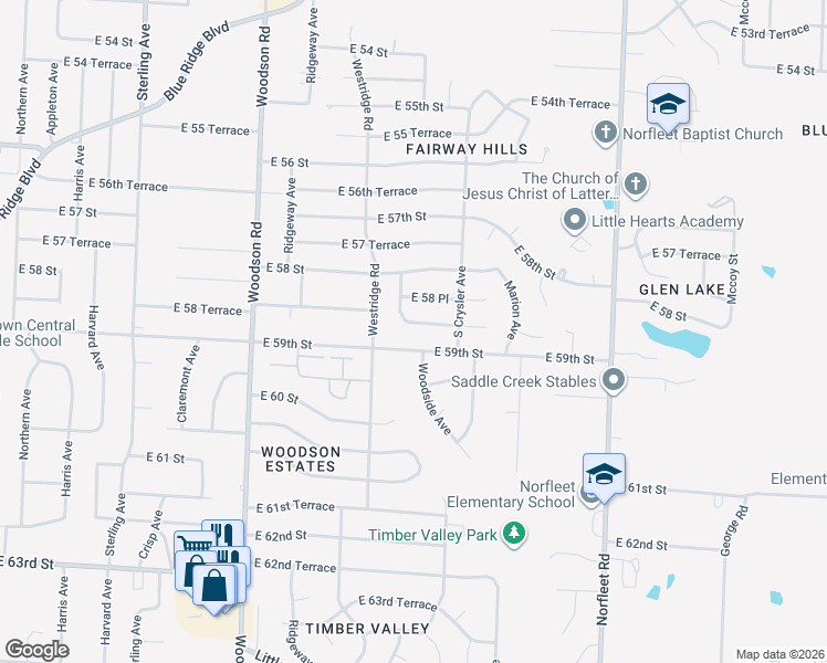 map of restaurants, bars, coffee shops, grocery stores, and more near 12100 East 59th Street in Kansas City