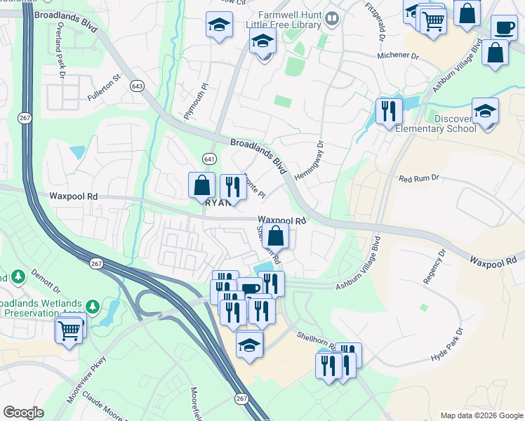 map of restaurants, bars, coffee shops, grocery stores, and more near 43645 Catton Place in Ashburn