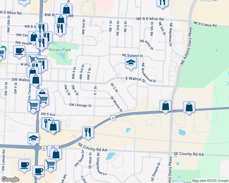 map of restaurants, bars, coffee shops, grocery stores, and more near 121 Southeast 2nd Street in Blue Springs