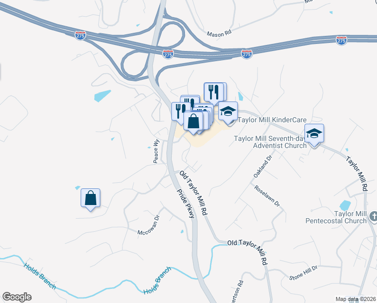 map of restaurants, bars, coffee shops, grocery stores, and more near 5142 Old Taylor Mill Road in Taylor Mill